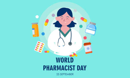 World Pharmacist Day. Doctor and pills logo conceptのイラスト素材
