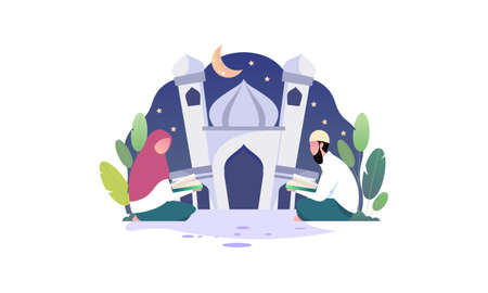 Muslim people reading and learning the quran  illustrationのイラスト素材