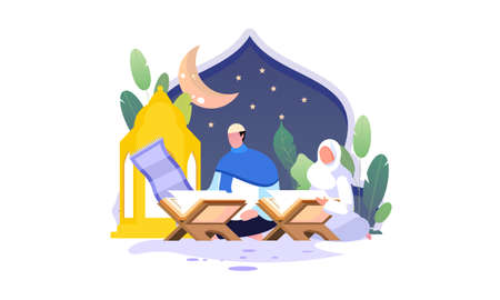 Muslim people reading and learning the quran  illustrationのイラスト素材