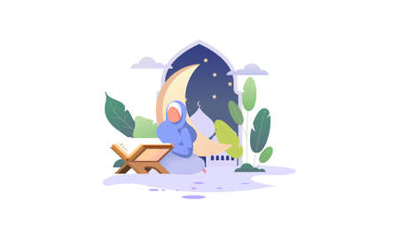 Muslim people reading and learning the quran  illustrationのイラスト素材