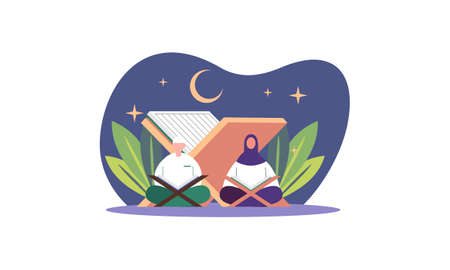 Muslim people reading and learning the quran  illustrationのイラスト素材