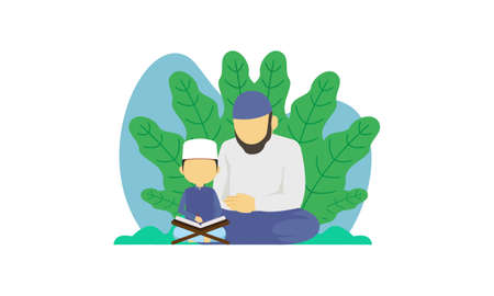 Muslim people reading and learning the quran  illustrationのイラスト素材