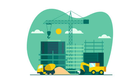 Construction with building crane and excavator illustrationのイラスト素材