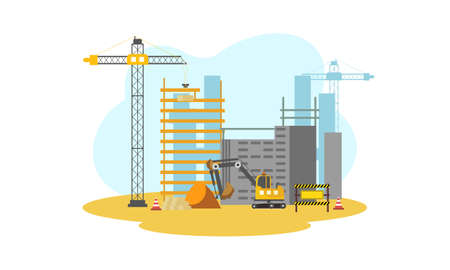Construction with building crane and excavator illustrationのイラスト素材