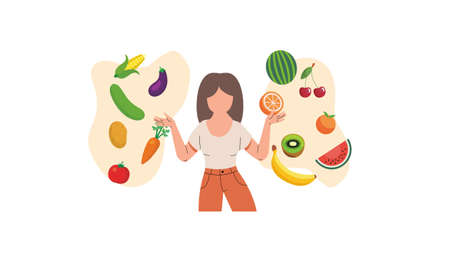 Girl with healthy food eating healthy food illustrationのイラスト素材