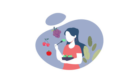 Girl with healthy food eating healthy food illustrationのイラスト素材