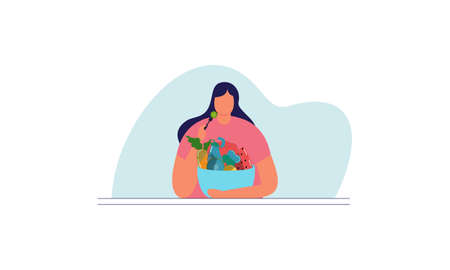 Girl with healthy food eating healthy food illustrationのイラスト素材