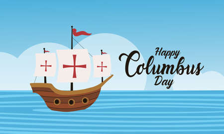 Happy columbus day celebration with sailboat and ocean sceneのイラスト素材