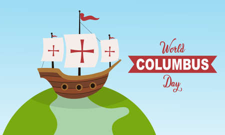 Happy columbus day celebration with sailboat and ocean sceneのイラスト素材