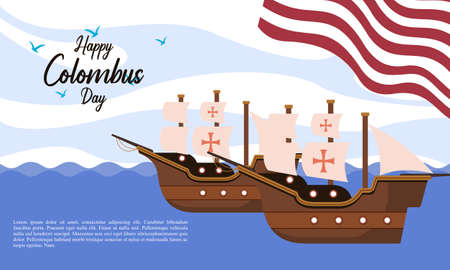 Happy columbus day celebration with sailboat and ocean sceneのイラスト素材
