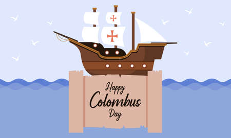 Happy columbus day celebration with sailboat and ocean sceneのイラスト素材