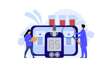 Blood glucose testing meter and insulin production concept illustration