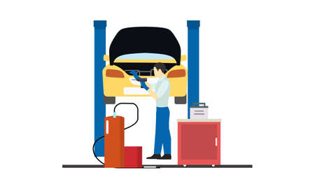 Car repair at mechanical workshop illustrationのイラスト素材