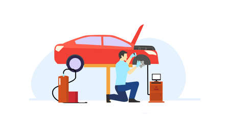 Car repair at mechanical workshop illustrationのイラスト素材