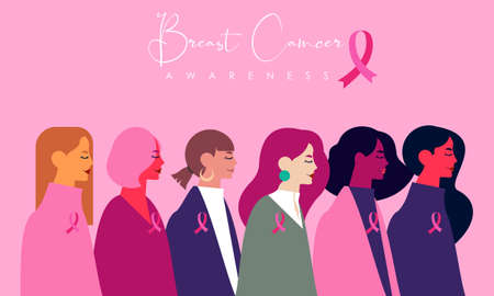 Breast Cancer Awareness banner illustration of happy women from different nationalities togetherのイラスト素材