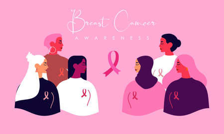 Breast Cancer Awareness banner illustration of happy women from different nationalities togetherのイラスト素材