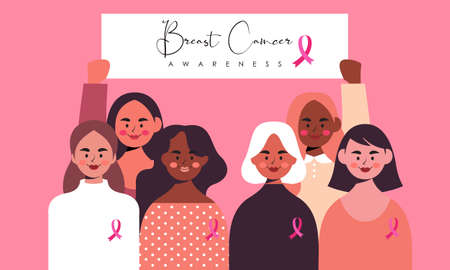 Breast Cancer Awareness banner illustration of happy women from different nationalities togetherのイラスト素材