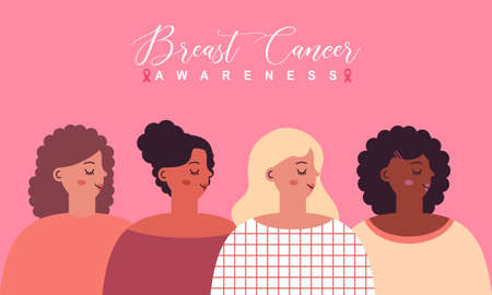 Breast Cancer Awareness banner illustration of happy women from different nationalities togetherのイラスト素材