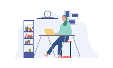 A woman muslim working from home illustrationのイラスト素材