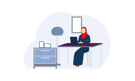 A woman muslim working from home illustrationのイラスト素材