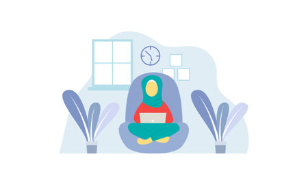 A woman muslim working from home illustrationのイラスト素材