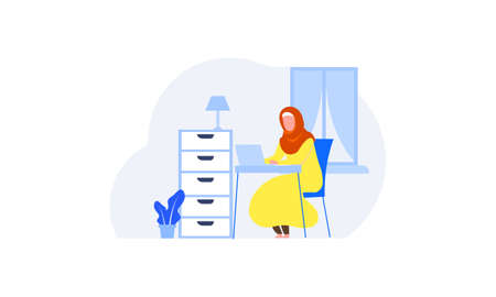 A woman muslim working from home illustrationのイラスト素材