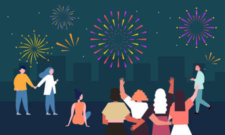 Happy people celebrating on city street and watching fireworks flat illustration