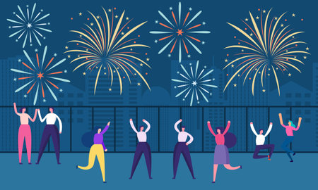 Happy people celebrating on city street and watching fireworks flat illustrationのイラスト素材