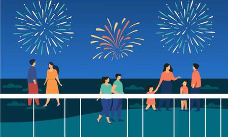 Happy people celebrating on city street and watching fireworks flat illustrationのイラスト素材