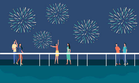 Happy people celebrating on city street and watching fireworks flat illustrationのイラスト素材