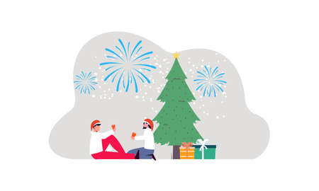 People celebrating christmas illustration. Merry christmas and happy new yearのイラスト素材