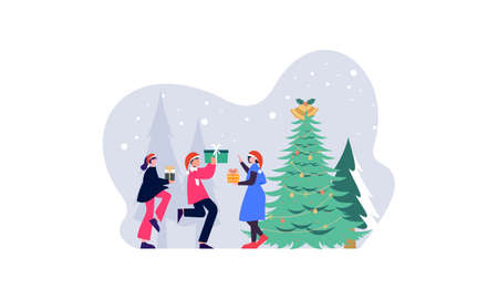 People celebrating christmas illustration. Merry christmas and happy new yearのイラスト素材