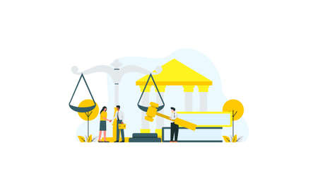 Law justice with weighing scale and huge icons process of law symbols illustrationのイラスト素材