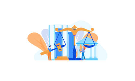 Law justice with weighing scale and huge icons process of law symbols illustrationのイラスト素材