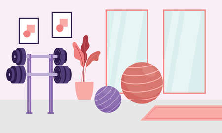 Home gym with different workout elements illustrationのイラスト素材