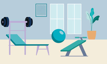 Home gym with different workout elements illustrationのイラスト素材