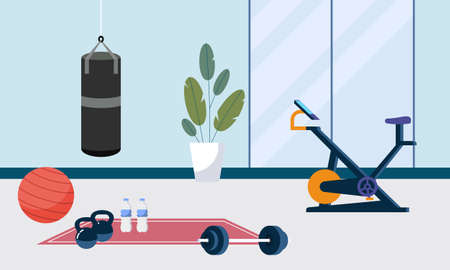 Home gym with different workout elements illustrationのイラスト素材