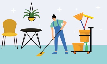 Cleaners with cleaning products housekeeping service illustrationのイラスト素材