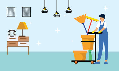 Cleaners with cleaning products housekeeping service illustrationのイラスト素材