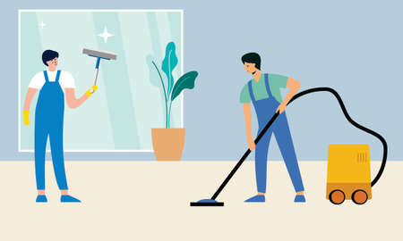 Cleaners with cleaning products housekeeping service illustrationのイラスト素材
