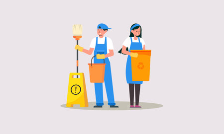 Cleaners with cleaning products housekeeping service illustrationのイラスト素材