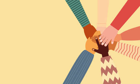 Group hands on top of each other of diverse multi-ethnic and multicultural people. Diversity people.のイラスト素材