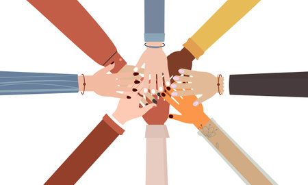 Group hands on top of each other of diverse multi-ethnic and multicultural people. Diversity people.のイラスト素材