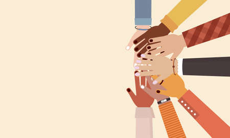 Group hands on top of each other of diverse multi-ethnic and multicultural people. Diversity people.のイラスト素材