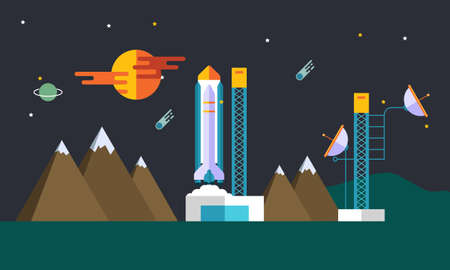 Outer space with satellites, rockets and planets illustrationのイラスト素材