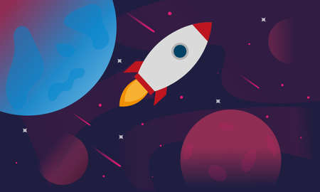 Outer space with satellites, rockets and planets illustration