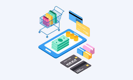 Online shopping isometric, e-commerce concept illustrationのイラスト素材