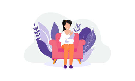 Loving mother feeding her baby by breast flat illustrationのイラスト素材