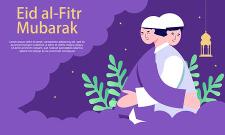 Happy eid mubarak, ramadan mubarak greeting concept with people character illustrationのイラスト素材