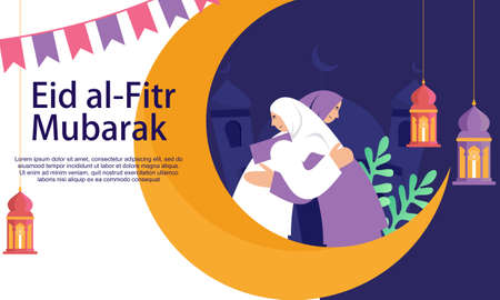 Happy eid mubarak, ramadan mubarak greeting concept with people character illustrationのイラスト素材